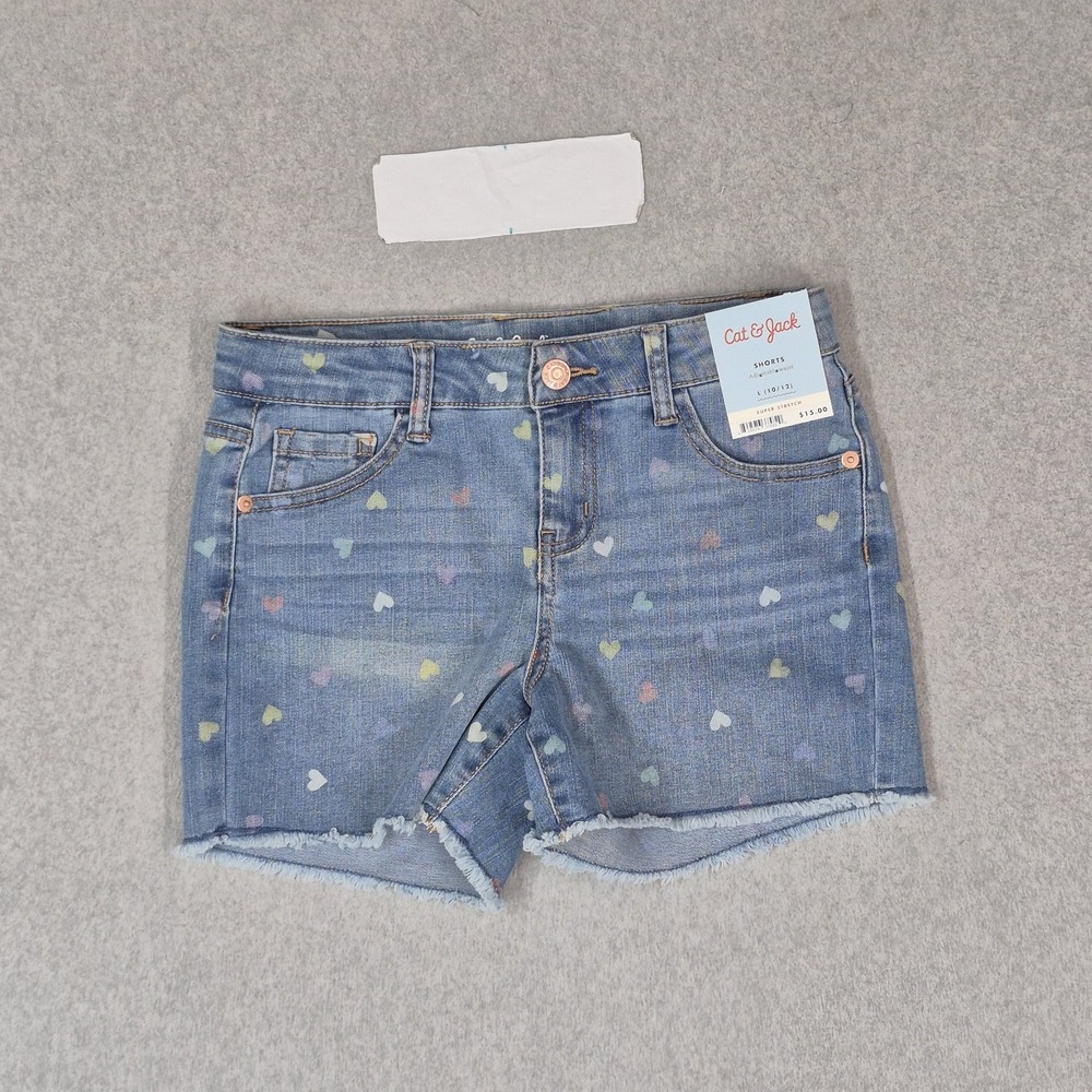 Cat & Jack Girls Shorts L Blue Denim Hearts Print Allover Cut Off 3" Inseam NWT